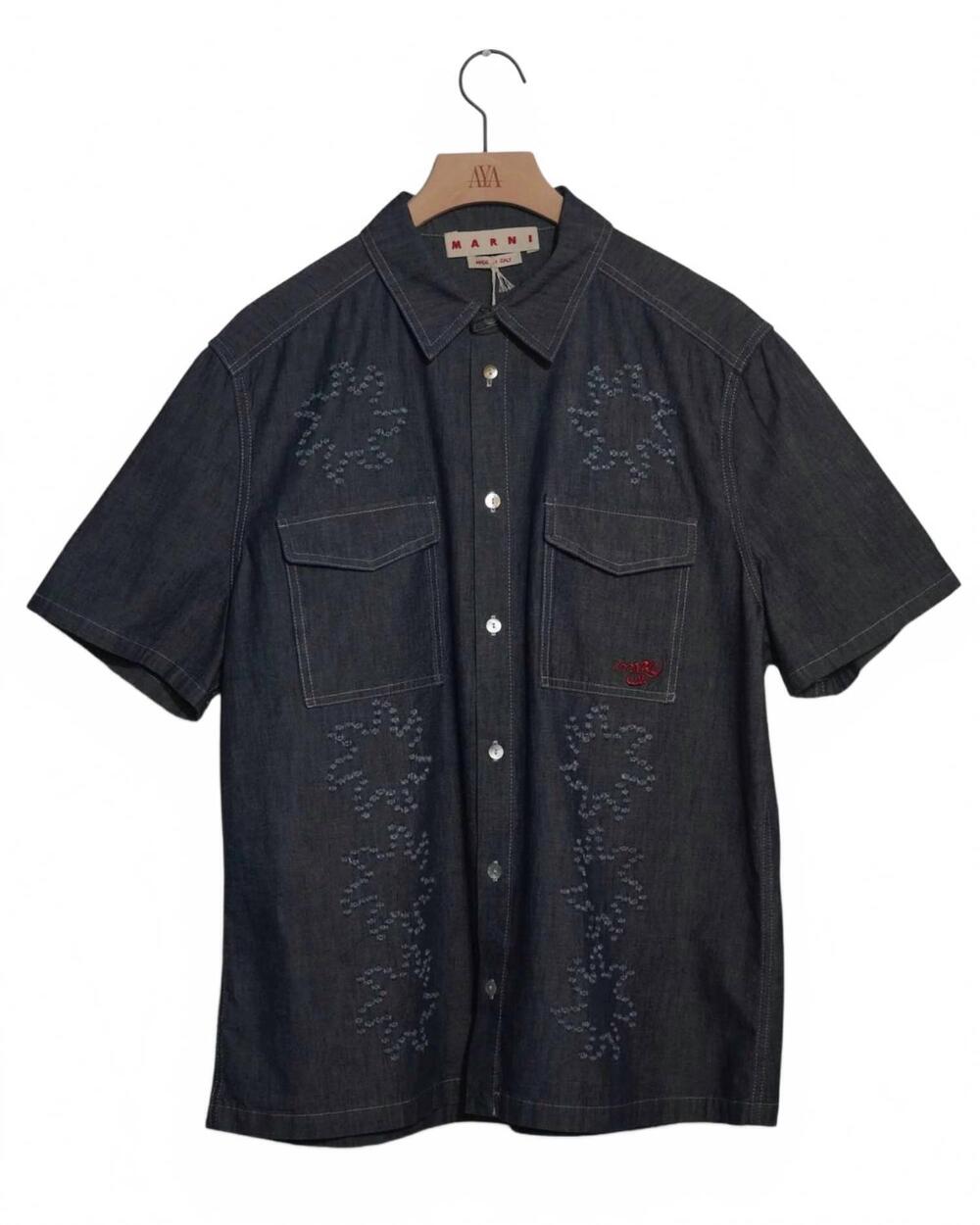 NEW MARNI men's frayed light denim shirt in black